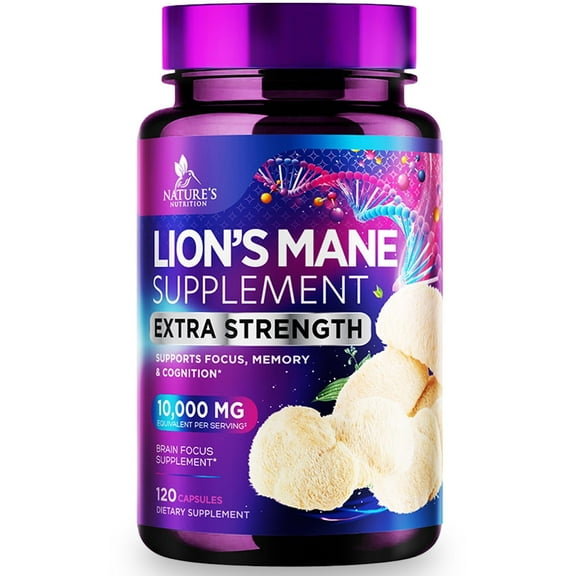 Lions Mane Mushroom Capsules 10,000mg, Lion’s Mane Supplement Capsules for Memory and Focus Support, Brain, Immune Health Support, Vegan, Bottled in USA, Lions Mane Mushroom Powder Extract, 120 Count