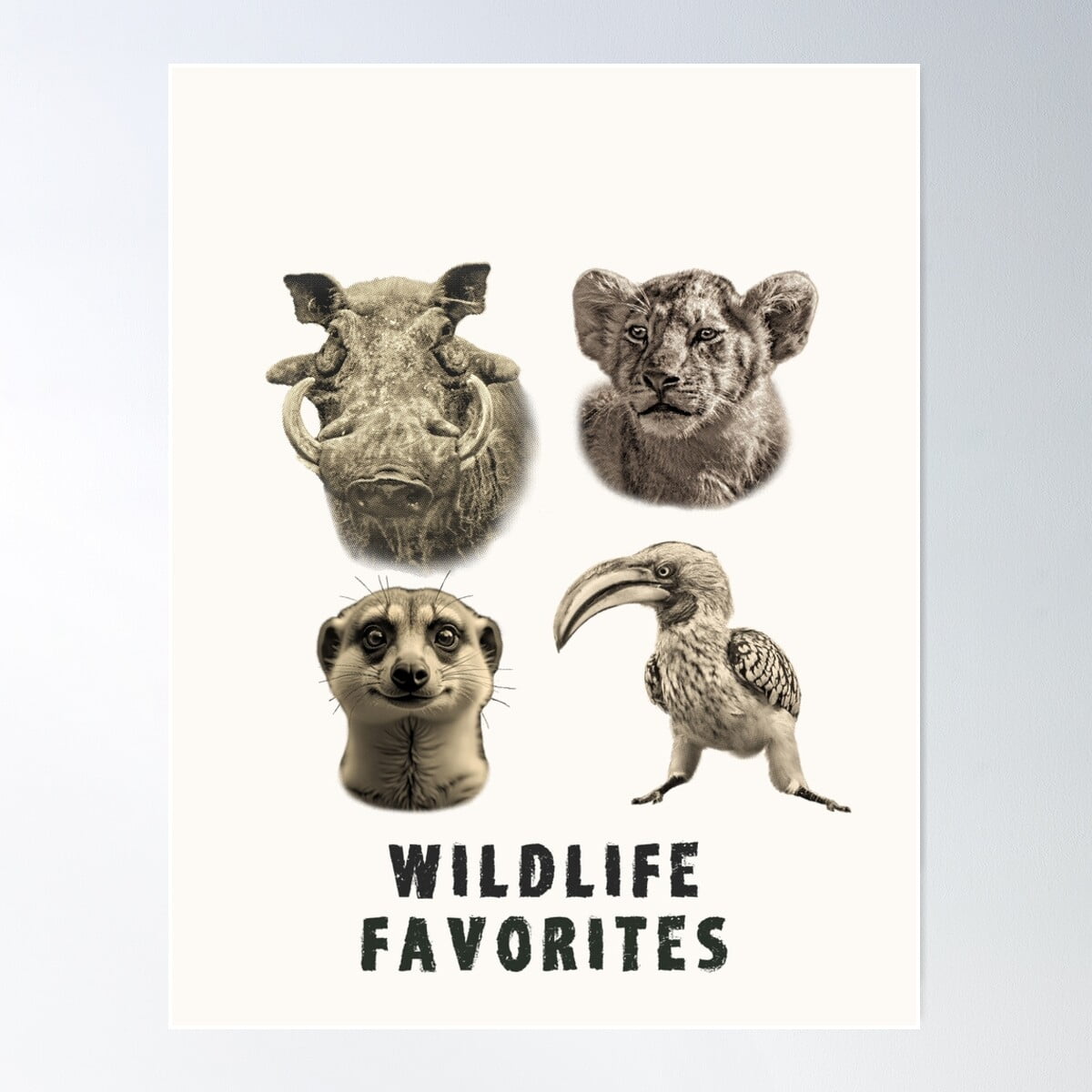 Lion Meerkat Warthog Hornbill Africa Wildlife Favorites Poster Wall lion-meerkat-warthog-hornbill-africa-wildlife-favorites-poster-wall