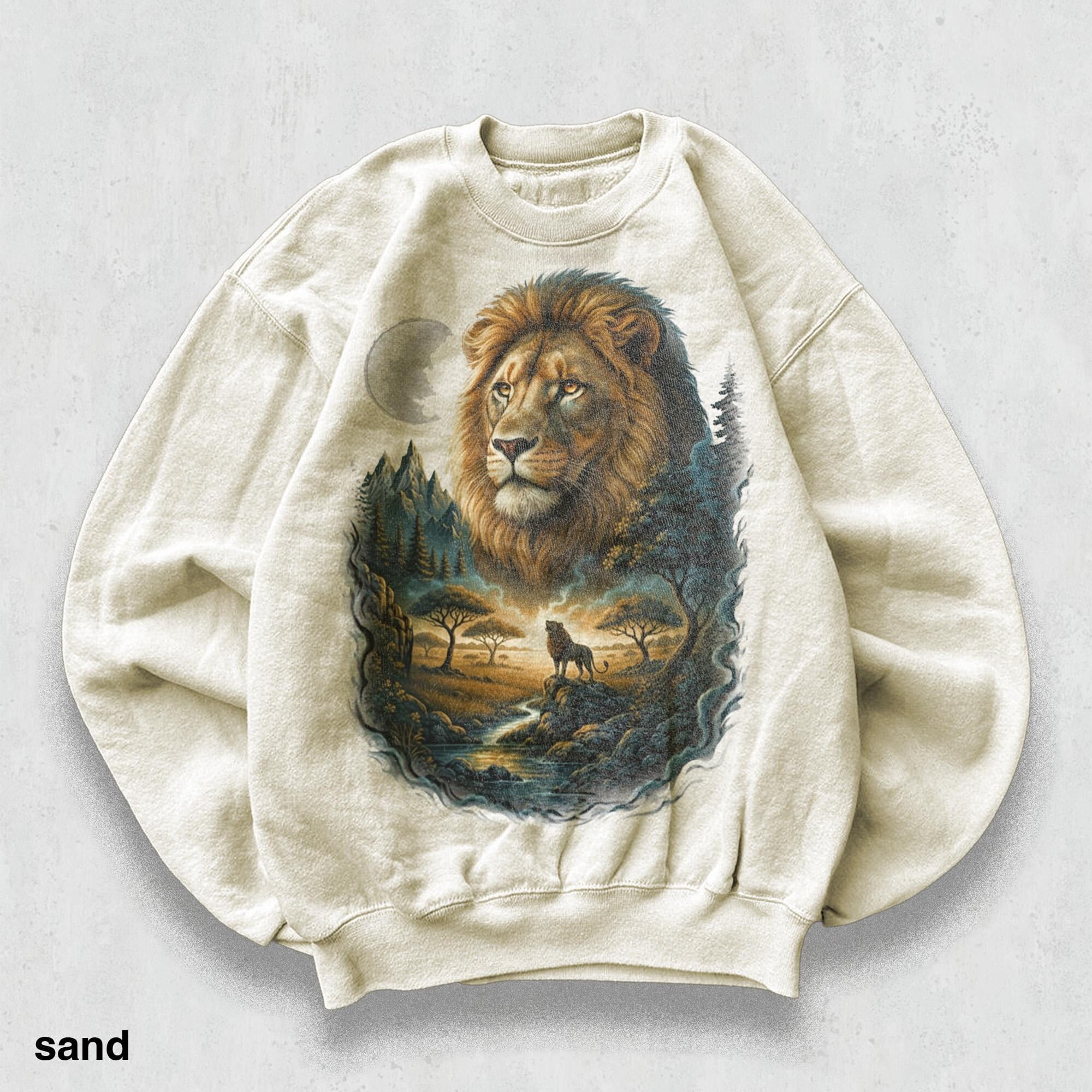 Lion Moon Savannah TShirt 90s Wildlife Art Crewneck with African Night ...