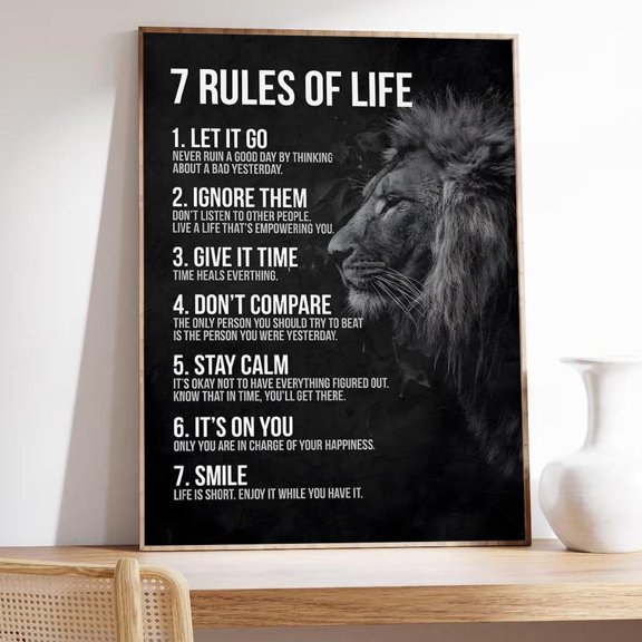 Lion Motivational Art 7 Rules Of Life, Office Gym Decor Home Decor, 16x24 UNFRAMED