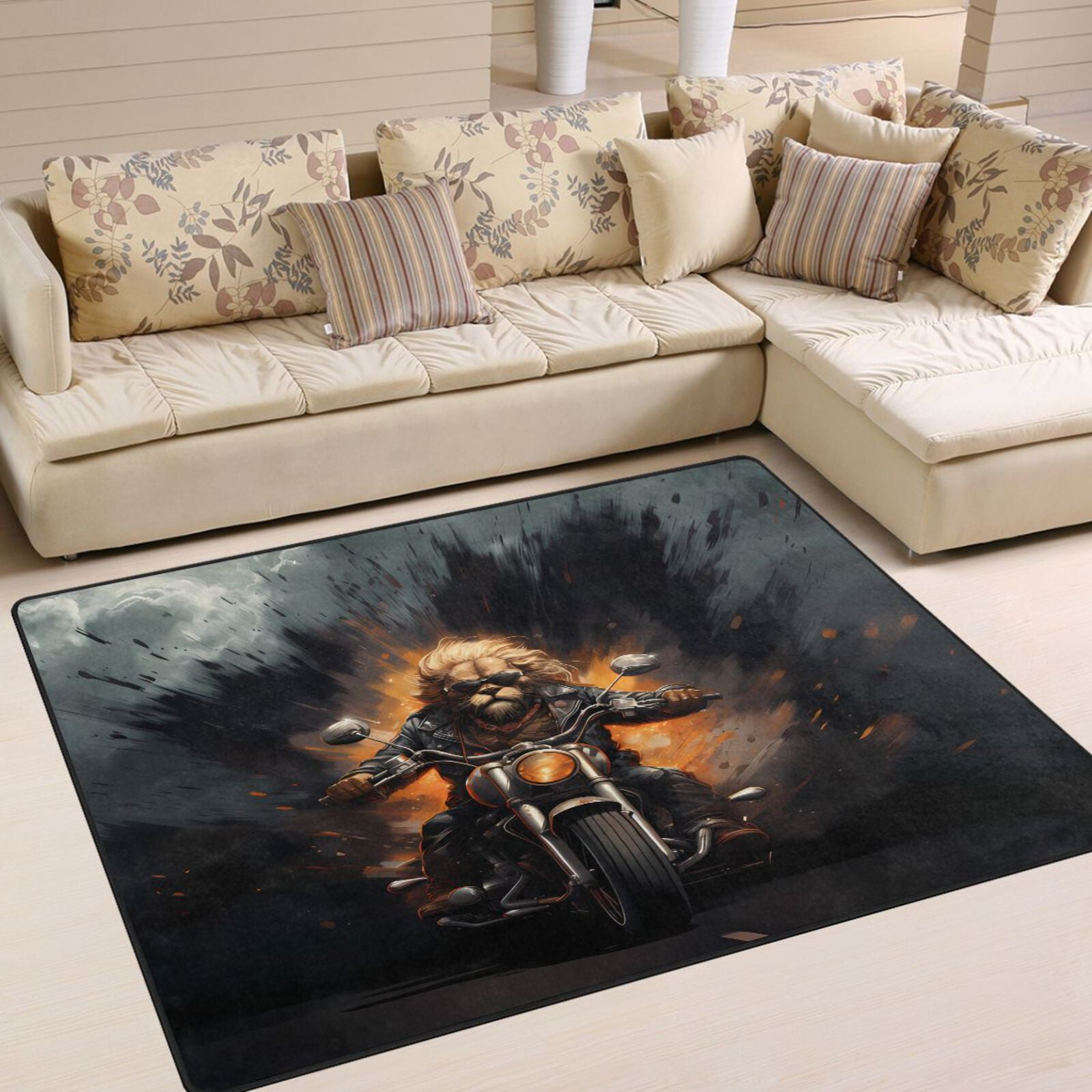 Lion Motorcycle Fire Area Rug Washable 80 x 58 Floor Carpet Mat Non ...
