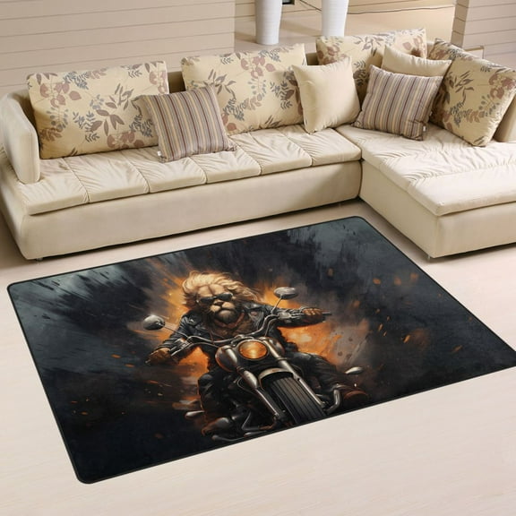 Lion Motorcycle Fire Area Rug Washable Floor Carpet Mat 60 x 39 inch for Bedroom Living Room Kids Room Home Decor
