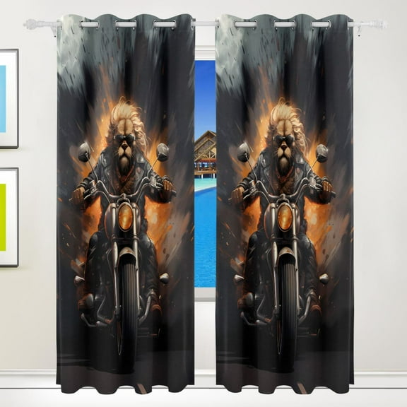 Lion Motorcycle Fire Curtains Black Out 72 Inch Length Curtains for Sliding Glass Doors Bedroom Living Room 2 Pack