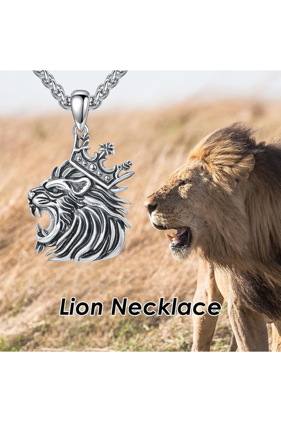 Lion Necklace for Men 925 Sterling Silver Crown Lion Head Pendant Necklace Jewelry Gifts for Women Men