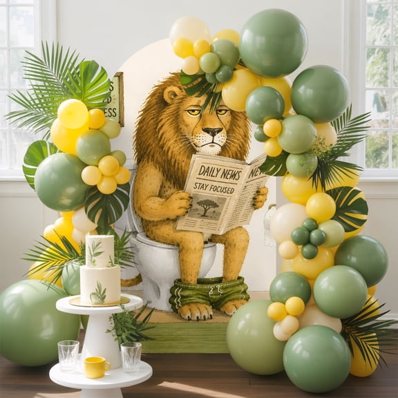 Lion Newspaper Arch Backdrop Cover, 7.2FT, Modern Playful White Porcelain Toilet Brown Spandex Arch Covers Double-Sided Backdrop for Wedding Birthday Party Photo Background Decoration