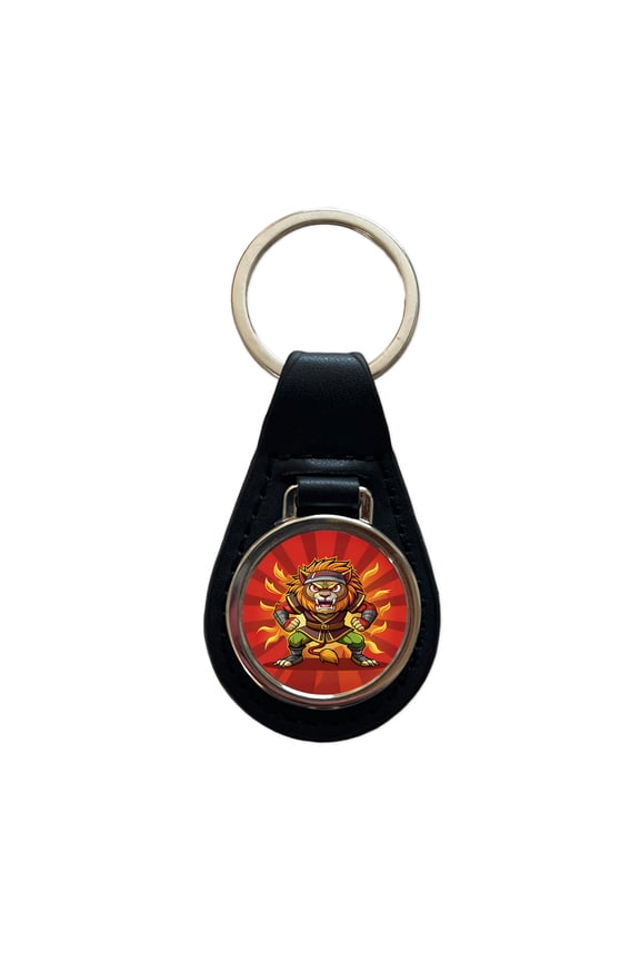 Lion Ninja Fighting Warrior Metal Black Leather Keychain