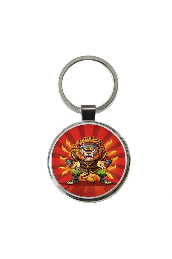 Lion Ninja Fighting Warrior Metal Round Keychain