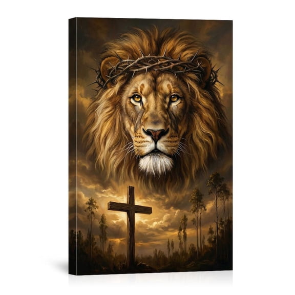 Lion Of Judah Crown Thorns Christian Jesus Cross Religious Home Faith Canvas