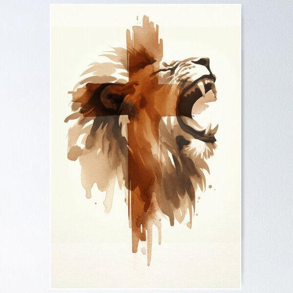 Lion Of Judah With Cross | Watercolor Minimalist Art Poster Wall Art, Modern Wall Decor For Living Room Bedroom, 24x36 UNFRAMED