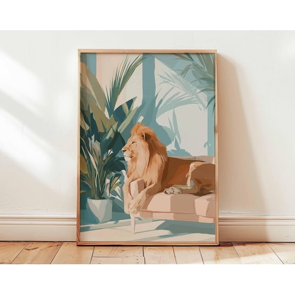 Lion On Sofa Jungle Wall Art Print, Unframed Paper Poster 8x10in