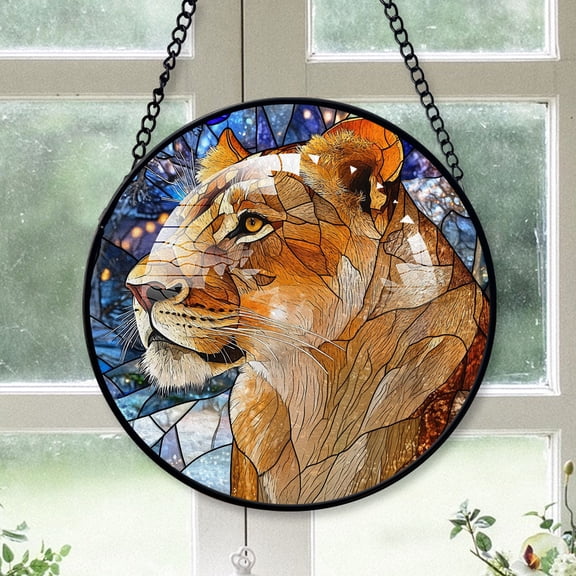 Lion Ornament Christmas 2025, Lion Stained Glass Hanging Window Artistic Glass Decoration for Cozy Interiors