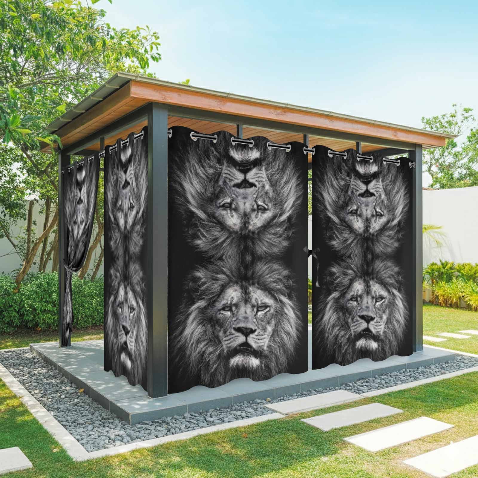 Lion Outdoor Curtains for Patio, Modern Minimalist Black White Powerful Wild Animal Lion Head Sunshade Privacy Drapes Grommet Waterproof Outside Curtains for Porch/Cabana/Balcony 54"x 108", 1 Panel