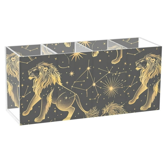 Lion Outline and Star Acrylic Pencil Pen Holder Cup 4 Compartments Desktop Organiser 7.87"x2.78"x3.54"