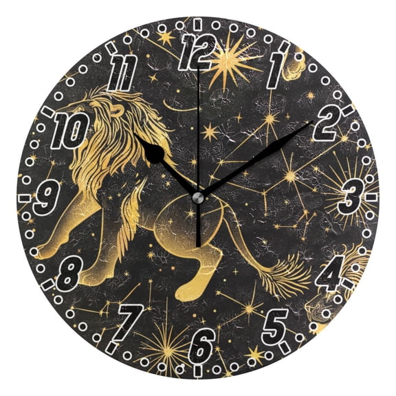 Lion Outline and Star Round Wall Clock Battery Operated Silent Non-Ticking Bedroom Office Kitchen Home School Decor 10"(Black)