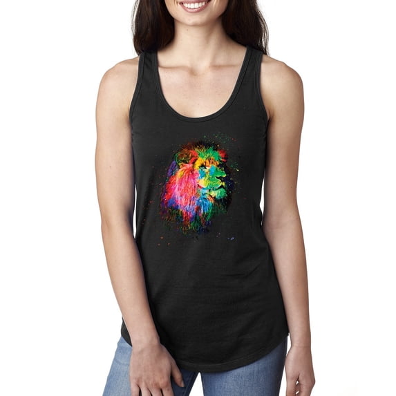 Lion Paint Art Splatter Abstract Art Animal Lover Ladies Racerback Tank Top, Black, X-Large