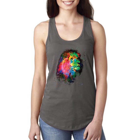 Lion Paint Art Splatter Abstract Art Animal Lover Ladies Racerback Tank Top, Dark Grey, Large