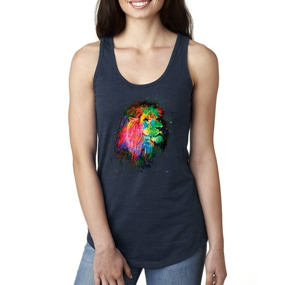 Lion Paint Art Splatter Abstract Art Animal Lover Ladies Racerback Tank Top, Navy, Small