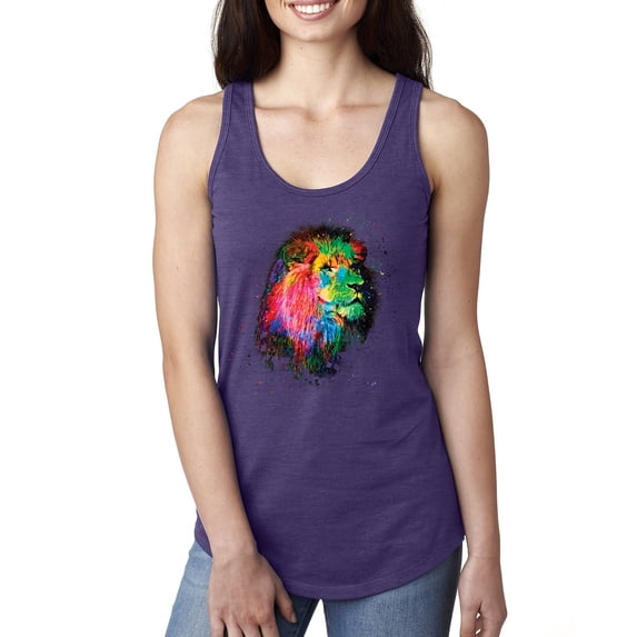 Lion Paint Art Splatter Abstract Art Animal Lover Ladies Racerback Tank Top, Purple Rush, X-Large