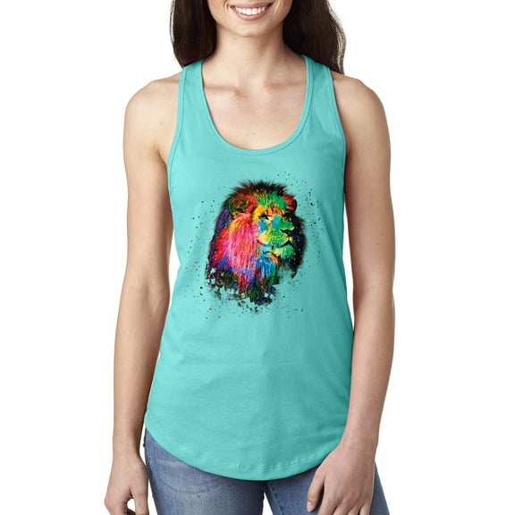 Lion Paint Art Splatter Abstract Art Animal Lover Ladies Racerback Tank Top, Tahiti Blue, X-Large