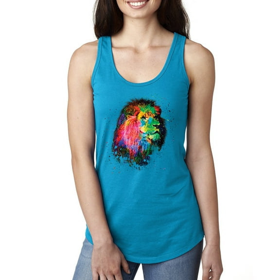 Lion Paint Art Splatter Abstract Art Animal Lover Ladies Racerback Tank Top, Turquoise, Medium