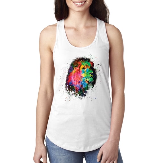 Lion Paint Art Splatter Abstract Art Animal Lover Ladies Racerback Tank Top, White, Large