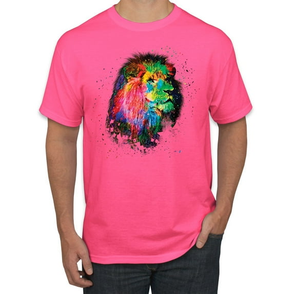 Lion Paint Art Splatter Abstract Art Animal Lover Men's Graphic T-Shirt, Neon Pink, 4XL