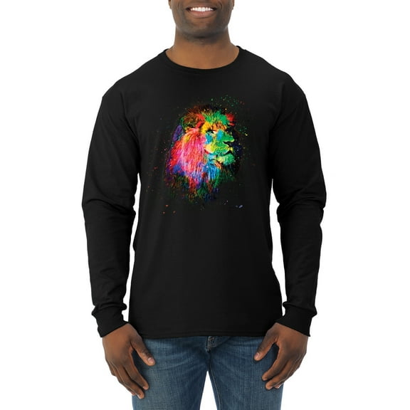 Lion Paint Art Splatter Abstract Art Animal Lover Mens Long Sleeve Shirt, Black, Large
