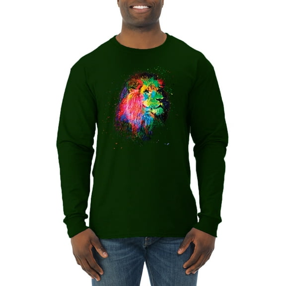 Lion Paint Art Splatter Abstract Art Animal Lover Mens Long Sleeve Shirt, Forest Green, X-Large