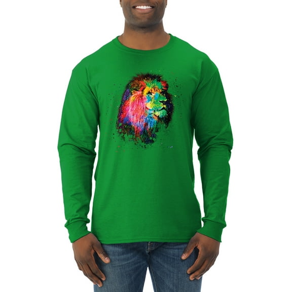 Lion Paint Art Splatter Abstract Art Animal Lover Mens Long Sleeve Shirt, Kelly, Large