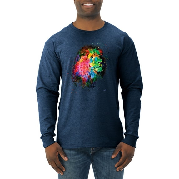 Lion Paint Art Splatter Abstract Art Animal Lover Mens Long Sleeve Shirt, Vintage Heather Navy, Medium