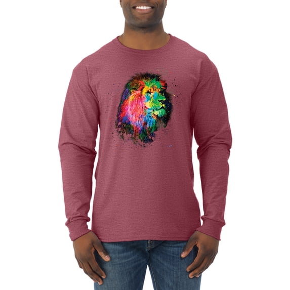 Lion Paint Art Splatter Abstract Art Animal Lover Mens Long Sleeve Shirt, Vintage Heather Red, 3XL
