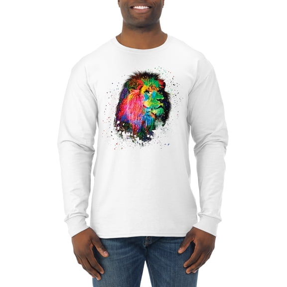 Lion Paint Art Splatter Abstract Art Animal Lover Mens Long Sleeve Shirt, White, 2XL