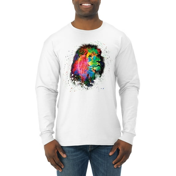 Lion Paint Art Splatter Abstract Art Animal Lover Mens Long Sleeve Shirt, White, Small