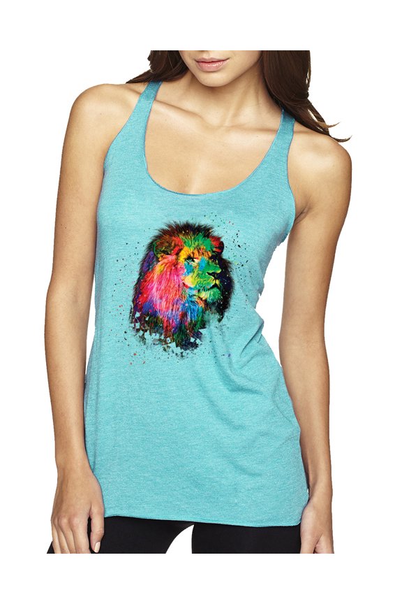 Lion Paint Art Splatter Abstract Art Animal Lover Tri-Blend Racerback Tank Top, Tahiti Blue, Small