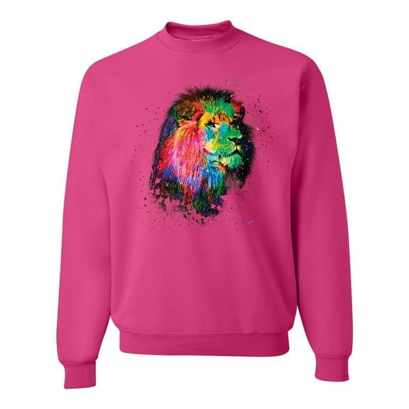 Lion Paint Art Splatter Abstract Art Animal Lover Unisex Crewneck Graphic Sweatshirt, Fuschia, X-Large