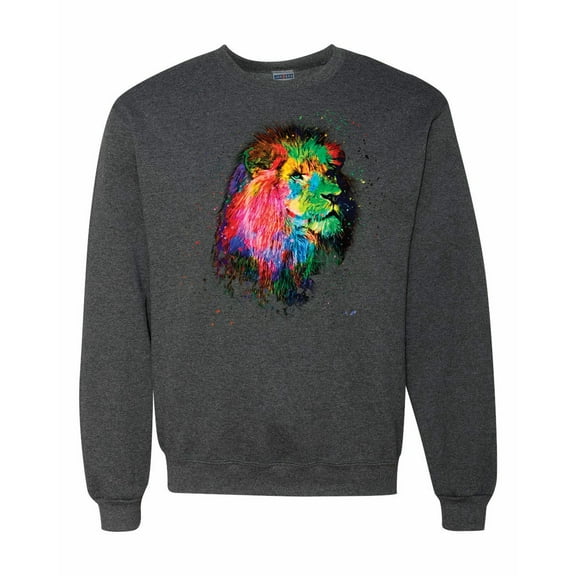 Lion Paint Art Splatter Abstract Art Animal Lover Unisex Crewneck Graphic Sweatshirt, Heather Black, Medium