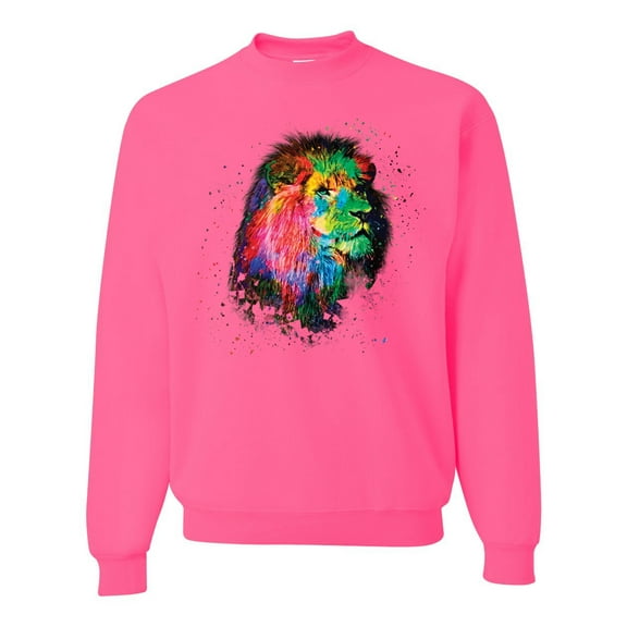 Lion Paint Art Splatter Abstract Art Animal Lover Unisex Crewneck Graphic Sweatshirt, Neon Pink, 3XL