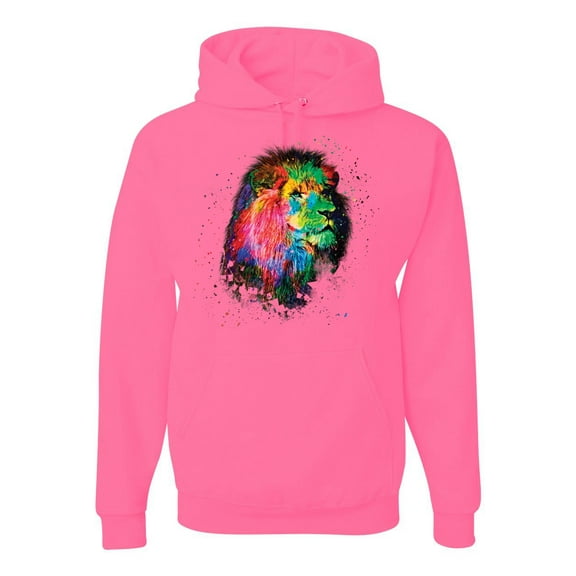 Lion Paint Art Splatter Abstract Art Animal Lover Unisex Graphic Hoodie Sweatshirt, Neon Pink, Large