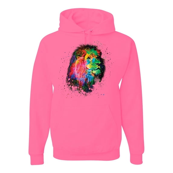 Lion Paint Art Splatter Abstract Art Animal Lover Unisex Graphic Hoodie Sweatshirt, Neon Pink, X-Large