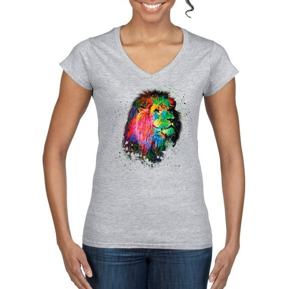 Lion Paint Art Splatter Abstract Art Animal Lover Womenâ€™s Standard V-Neck Tee, Heather Grey, 2XL