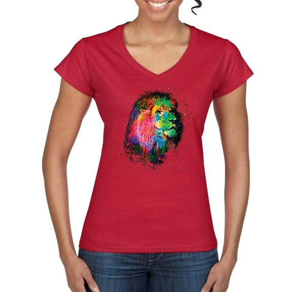 Lion Paint Art Splatter Abstract Art Animal Lover Womenâ€™s Standard V-Neck Tee, Red, X-Large