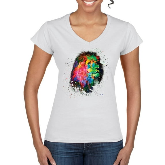 Lion Paint Art Splatter Abstract Art Animal Lover Women’s Standard V-Neck Tee, White, X-Large