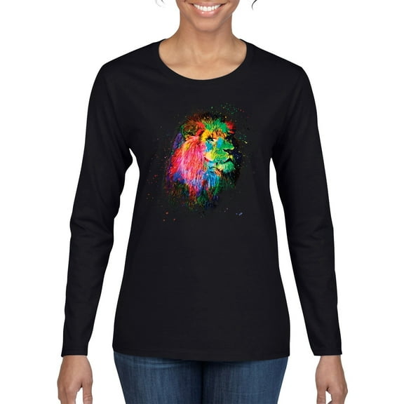 Lion Paint Art Splatter Abstract Art Animal Lover Womens Graphic Long Sleeve T-Shirt, Black, Small