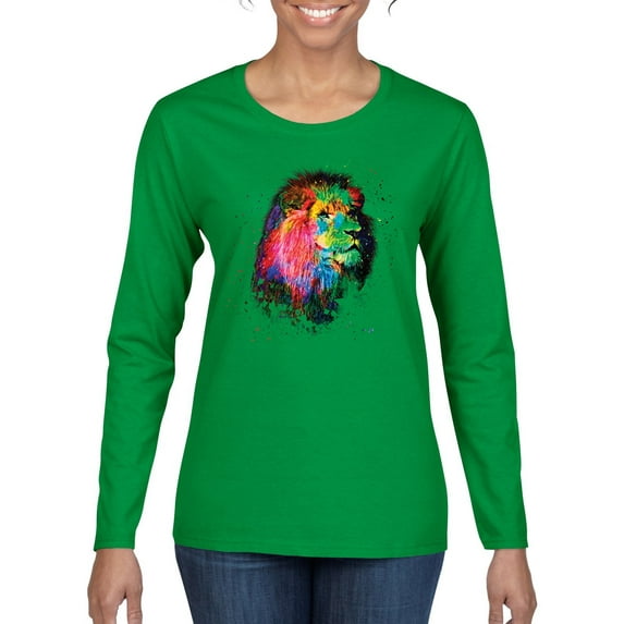 Lion Paint Art Splatter Abstract Art Animal Lover Womens Graphic Long Sleeve T-Shirt, Kelly, Large