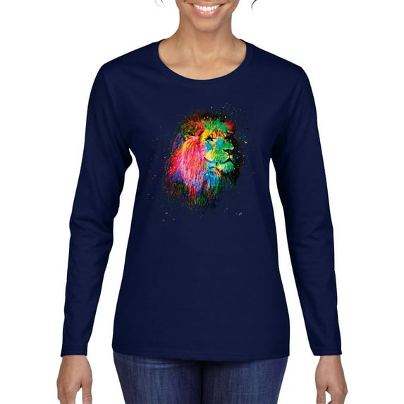Lion Paint Art Splatter Abstract Art Animal Lover Womens Graphic Long Sleeve T-Shirt, Navy, Medium