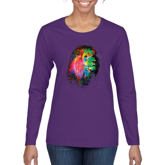 Lion Paint Art Splatter Abstract Art Animal Lover Womens Graphic Long Sleeve T-Shirt, Purple, Medium