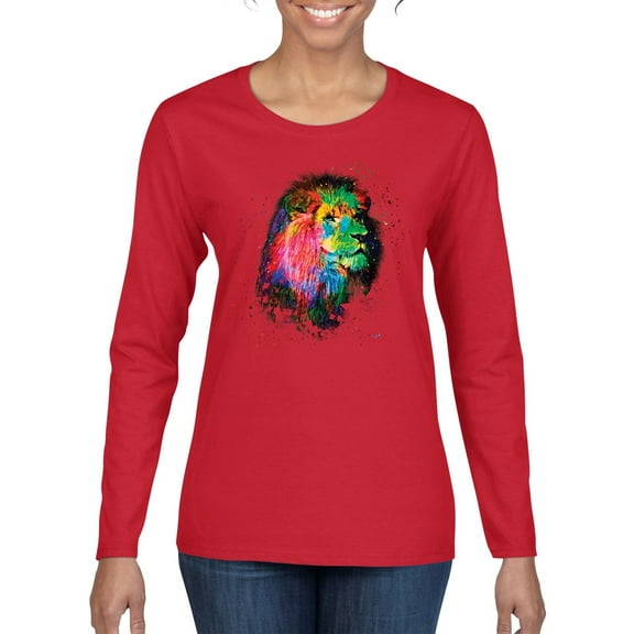 Lion Paint Art Splatter Abstract Art Animal Lover Womens Graphic Long Sleeve T-Shirt, Red, Small