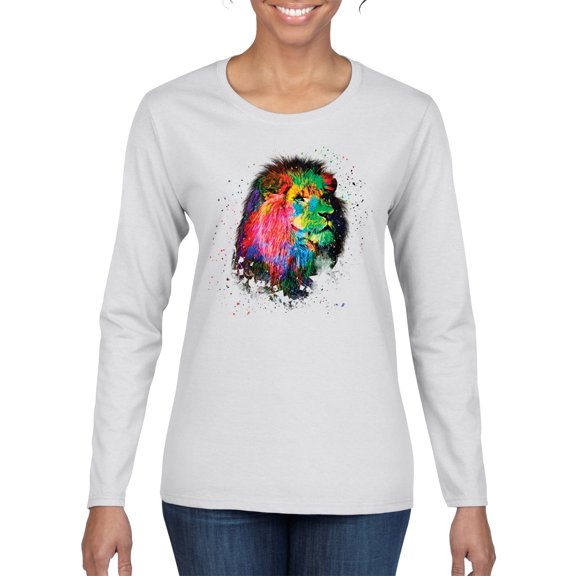 Lion Paint Art Splatter Abstract Art Animal Lover Womens Graphic Long Sleeve T-Shirt, White, 2XL