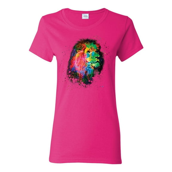 Lion Paint Art Splatter Abstract Art Animal Lover Womens Graphic T-Shirt, Fuschia, 2XL