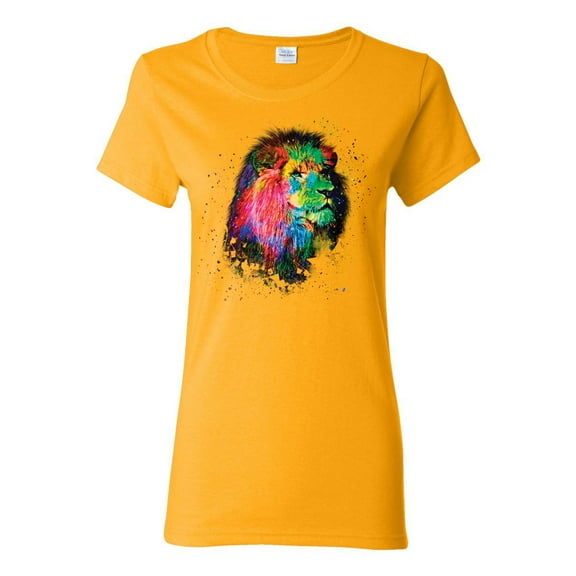 Lion Paint Art Splatter Abstract Art Animal Lover Womens Graphic T-Shirt, Gold, 3XL
